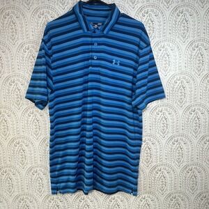 Under Armour Loose Button Up Shirt Mens Large Blue Striped Short Sleeve Collered